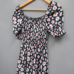 Women's Dress Blue Background With Flowers Top Gathering Design Mini Dress